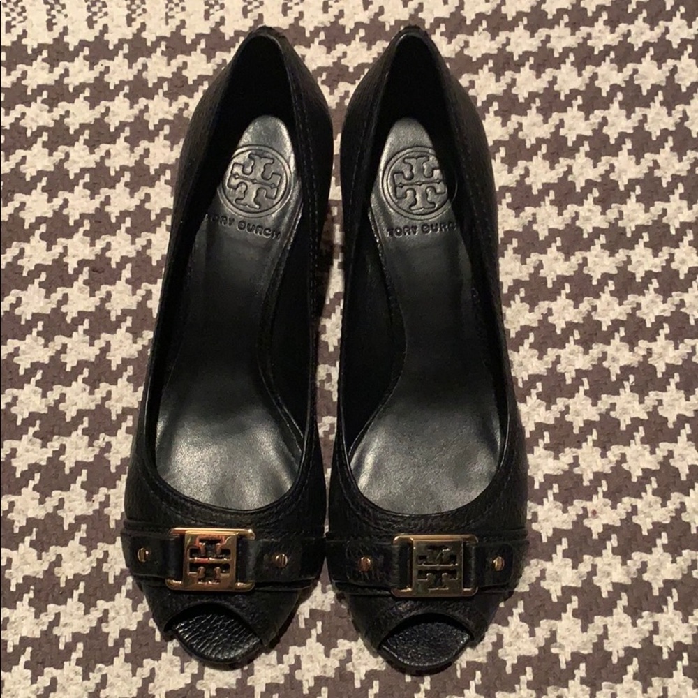 Tory Burch black peep toe wedges